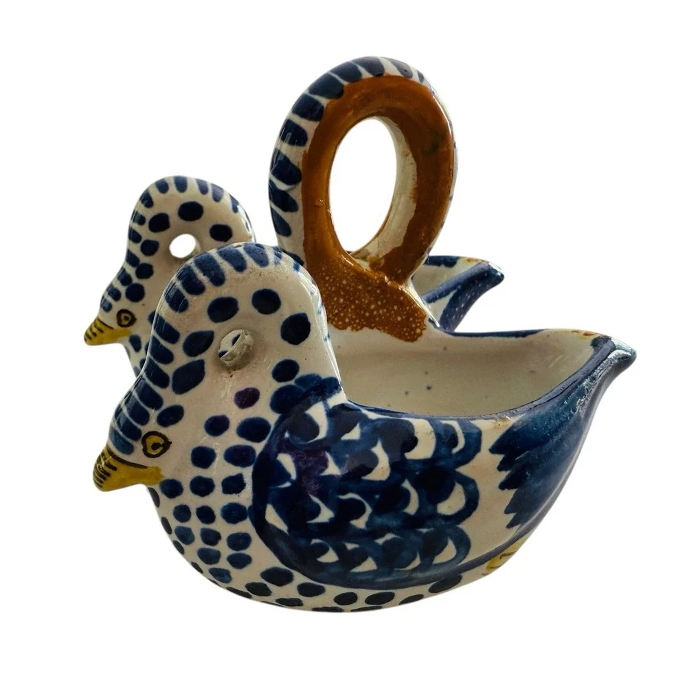 Henriot‎ Quimper French art pottery ring handled figural swan double salt